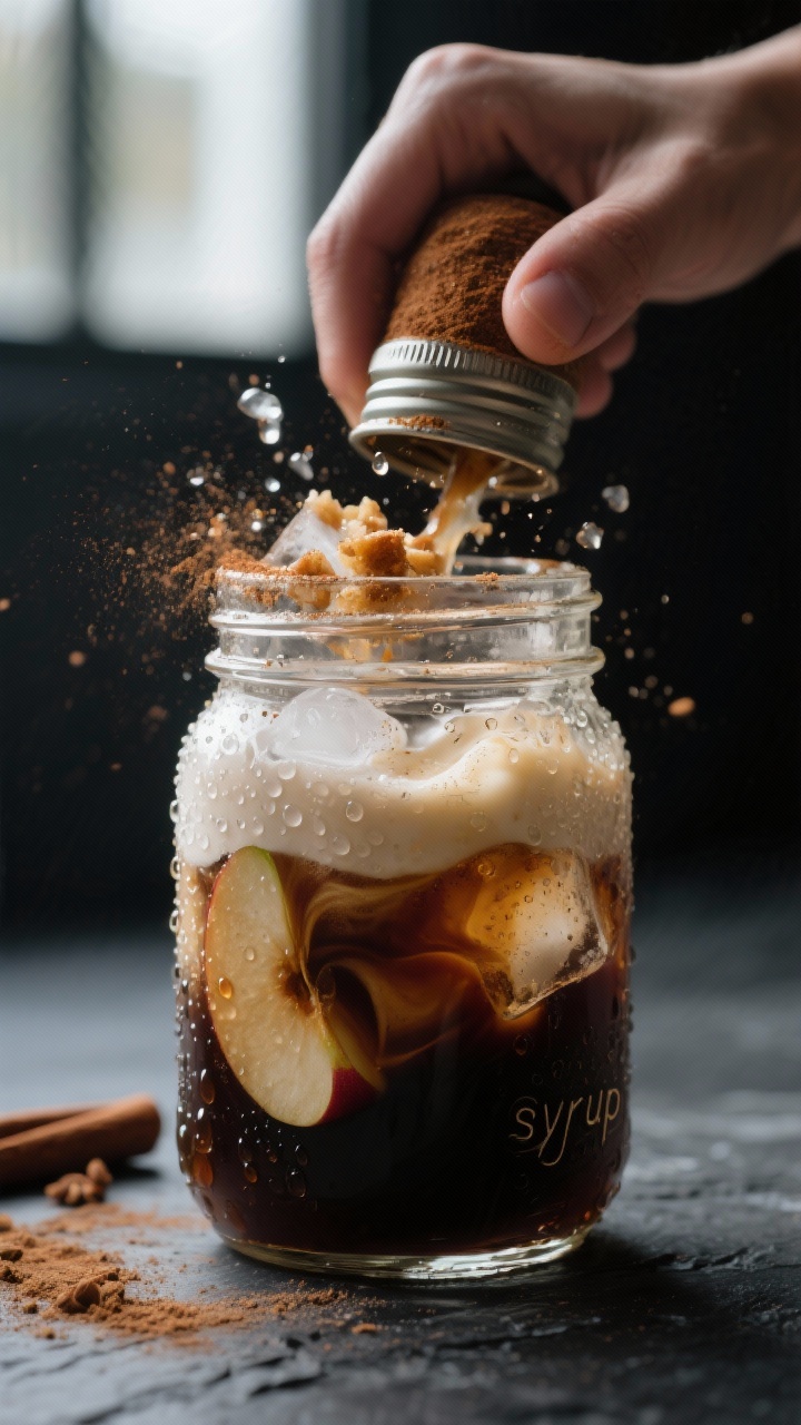 Close-up action shot of Apple Crisp Shaken Espresso being shaken in a frosted mason jar: beads of co