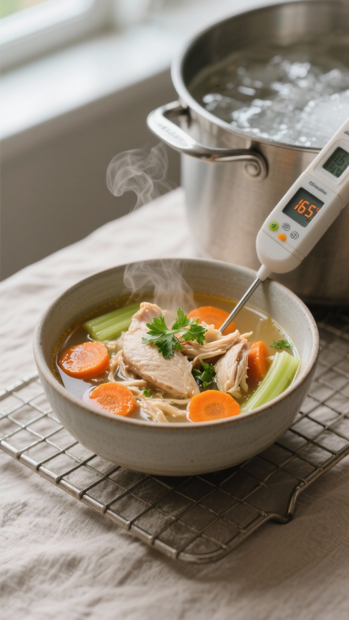 Close-up, action shot of reheating done right: a steaming bowl of chicken and veggie soup on a cooli