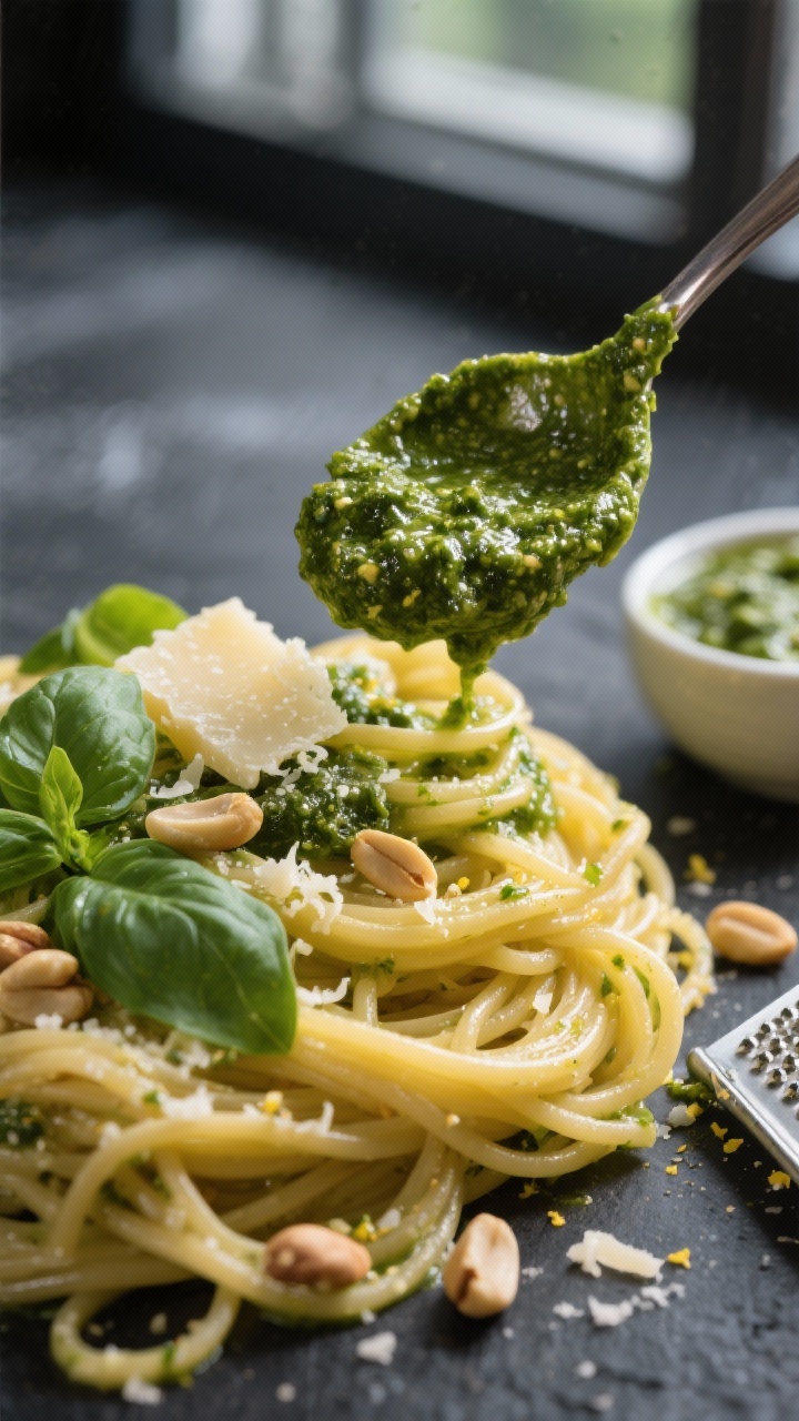 Close-up detail: A vibrant pesto being spooned onto al dente spaghetti, glossy and clinging to each