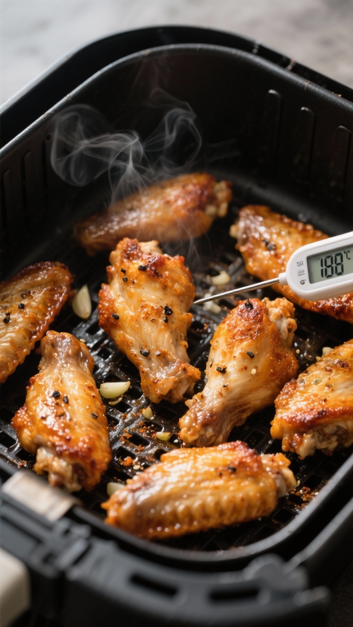 Close-up detail, cooking process: Air-fried chicken wings mid-cook in an open air fryer basket at 40