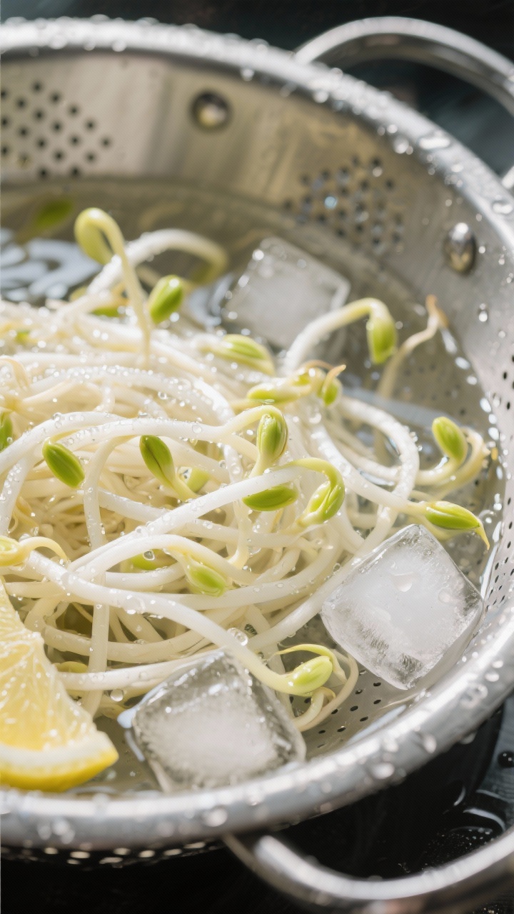 Close-up detail: Glossy, just-blanched mung bean sprouts being shocked in an ice bath, strands glist
