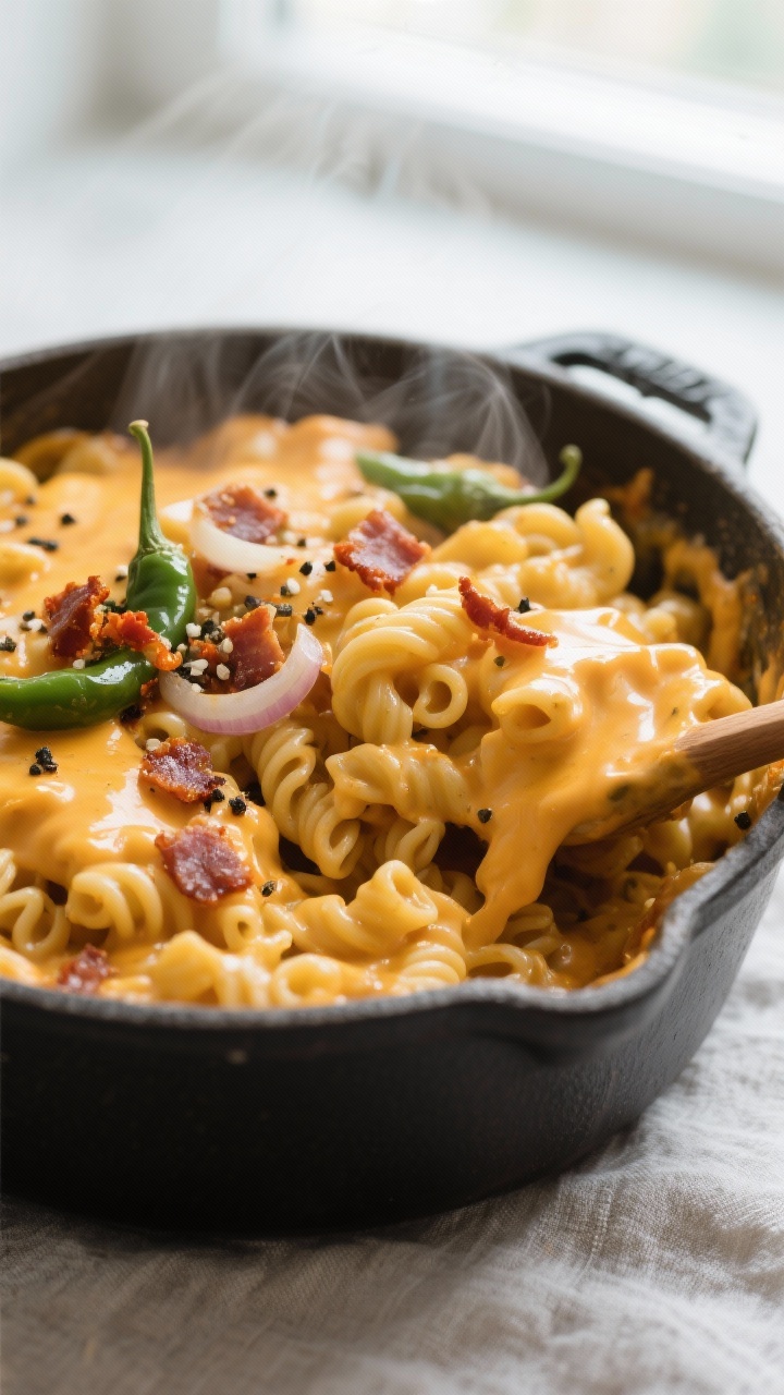 Close-up detail of creamy Hatch chile mac and cheese being folded together in a Dutch oven: glossy t