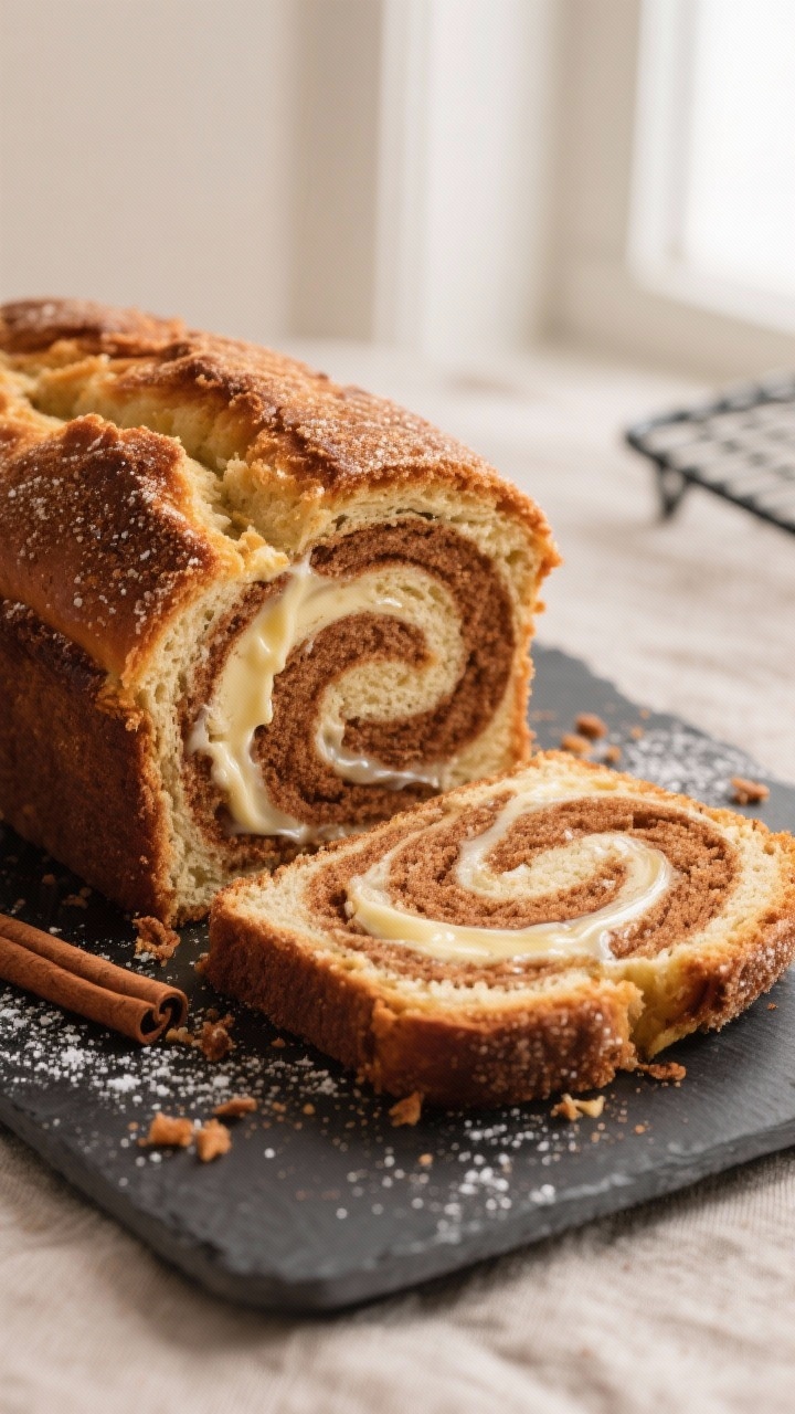 Close-up detail shot of a freshly baked butter cinnamon loaf sliced to reveal a dramatic double-laye