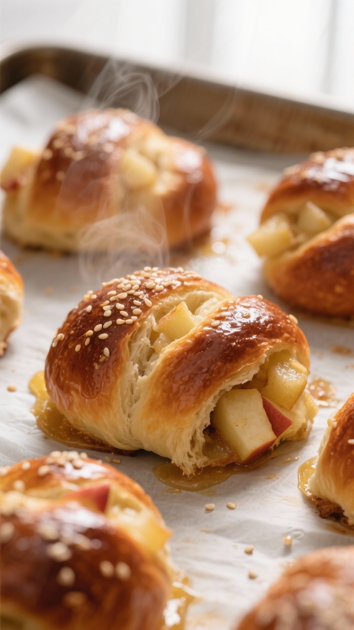 Close-up detail shot of freshly baked Apples and Honey Challah rolls just out of the oven: deep gold
