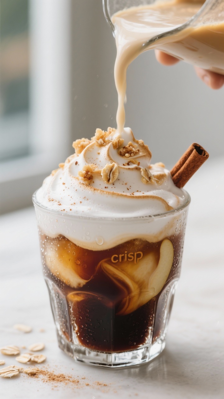 Close-up detail shot of silky apple crisp cold foam being poured over iced cold brew in a clear doub