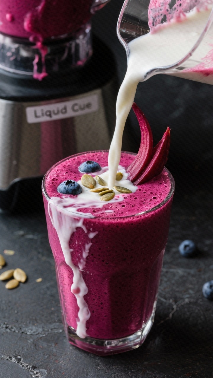 Close-up process detail of a Berry Beet Glow smoothie mid-pour into a chilled glass, rich magenta hu