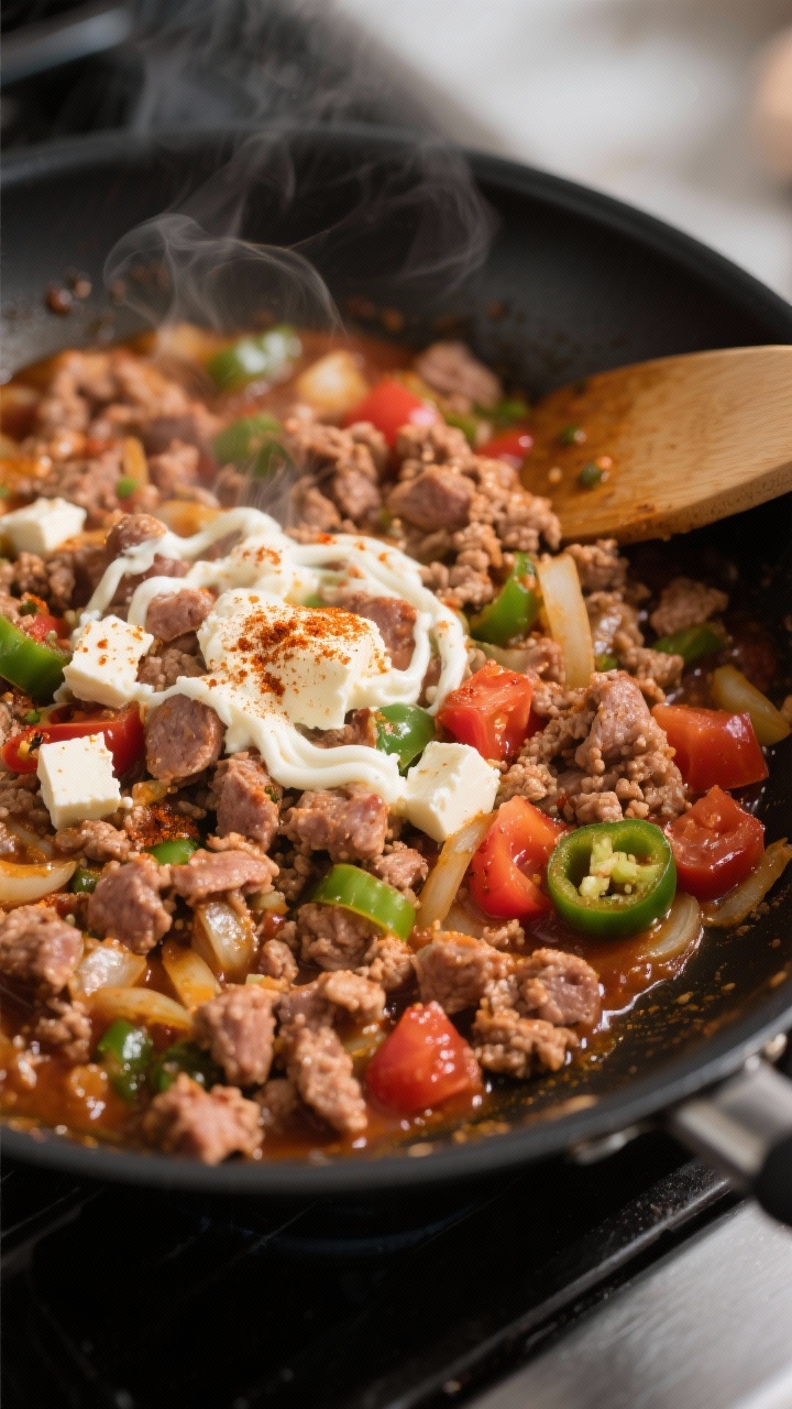 Cooking process, close-up detail: In a black nonstick skillet on medium heat, fully cooked crumbled