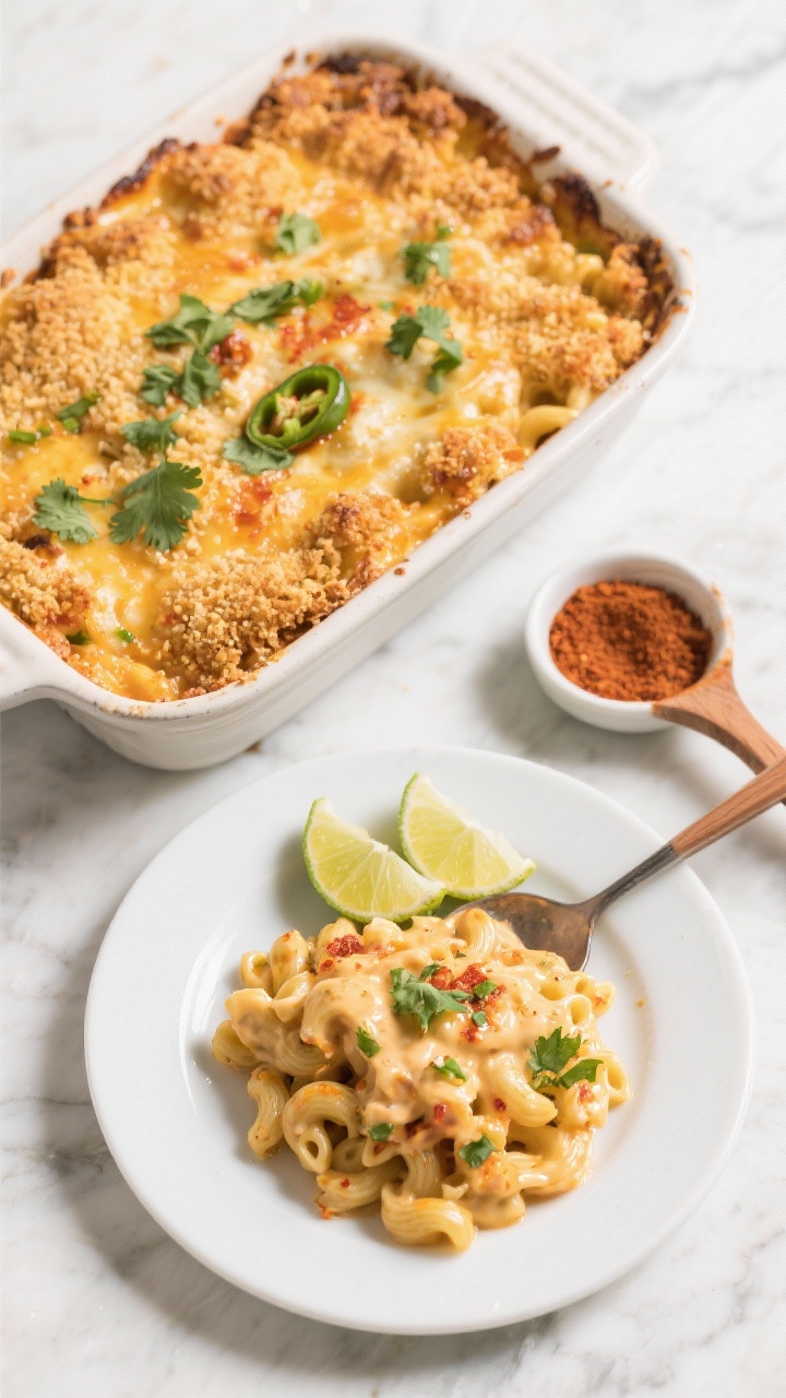 Overhead final presentation shot: baked Hatch chile mac and cheese in a buttered enamel baking dish 