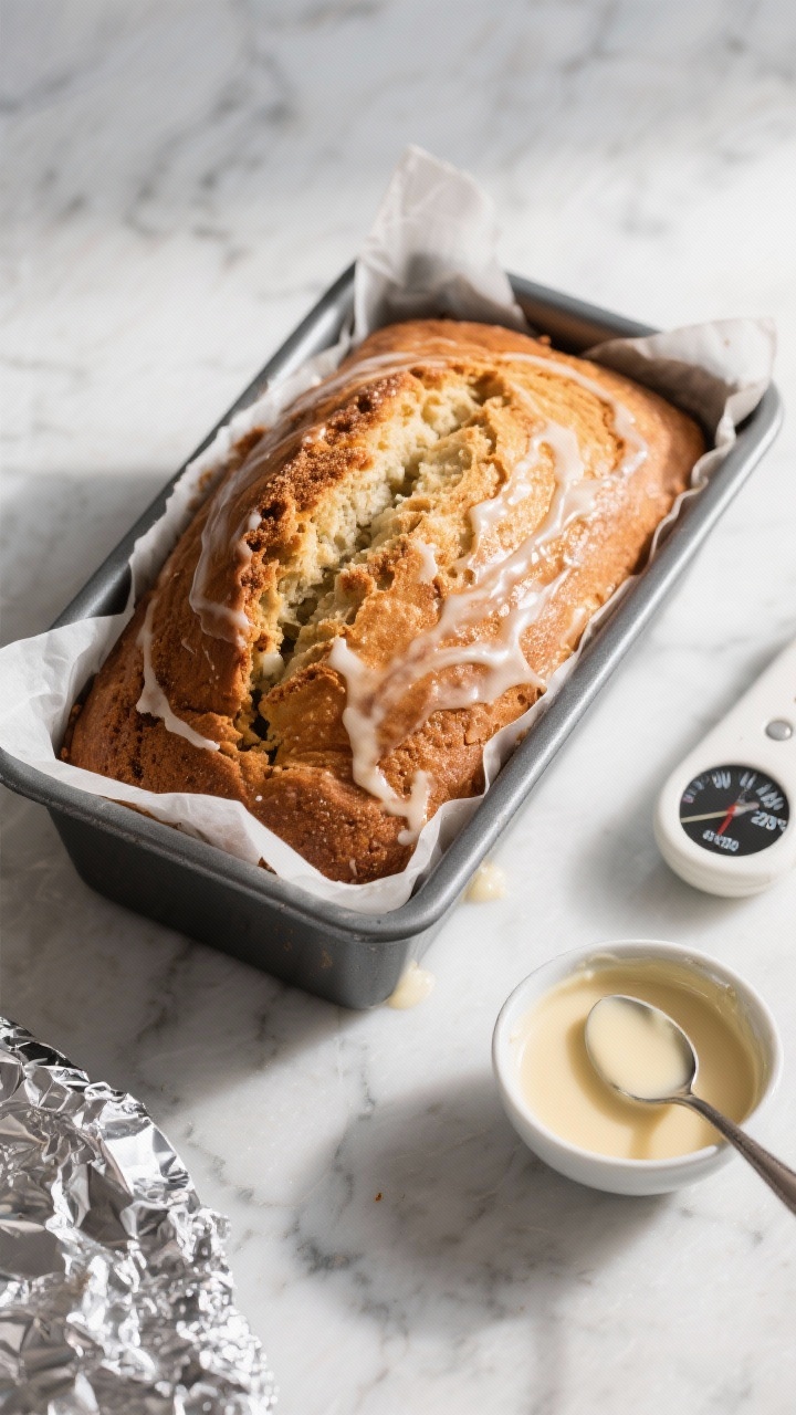 Overhead process shot of the loaf just out of the oven in a 9x5 parchment-lined pan, deep golden dom