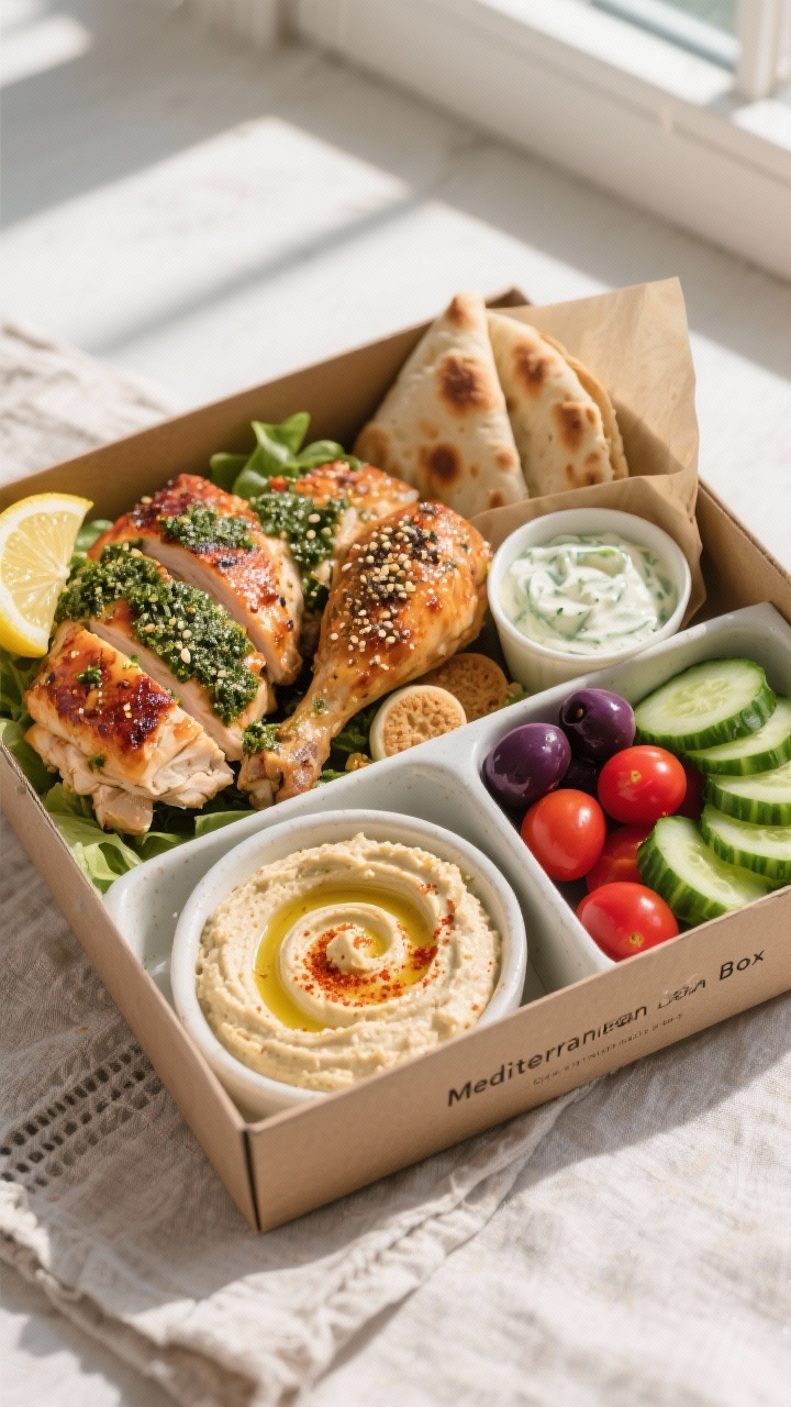 Overhead shot of a curated “Mediterranean Box” bento-style lunch: rotisserie chicken tossed with