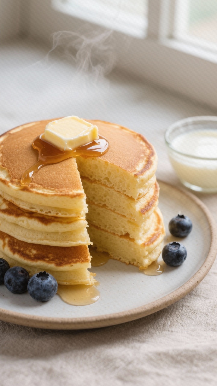 Overhead shot of a golden, fluffy pancake stack made with the milk + vinegar buttermilk substitute,