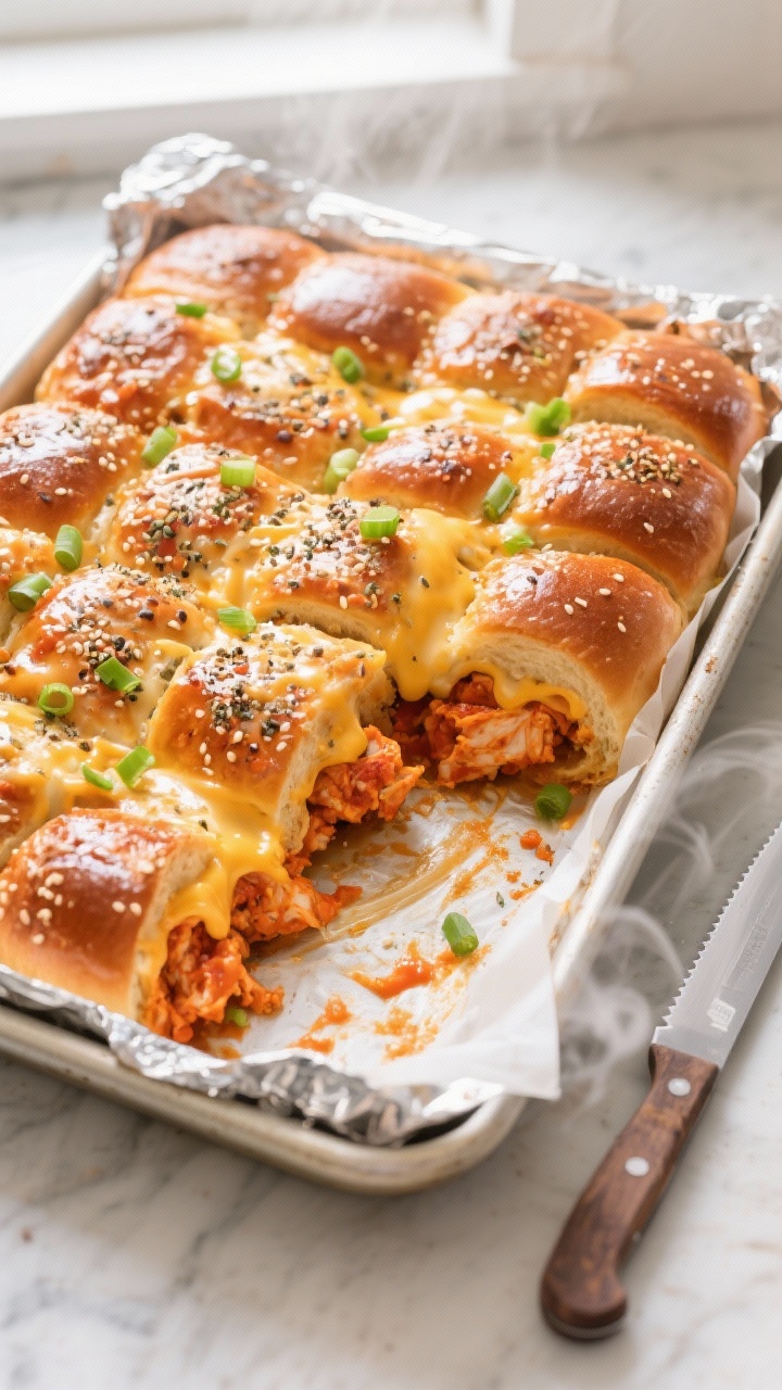 Overhead shot of a just-baked Buffalo Chicken Pull-Apart Slider slab in a 9x13 pan, tops lightly gol