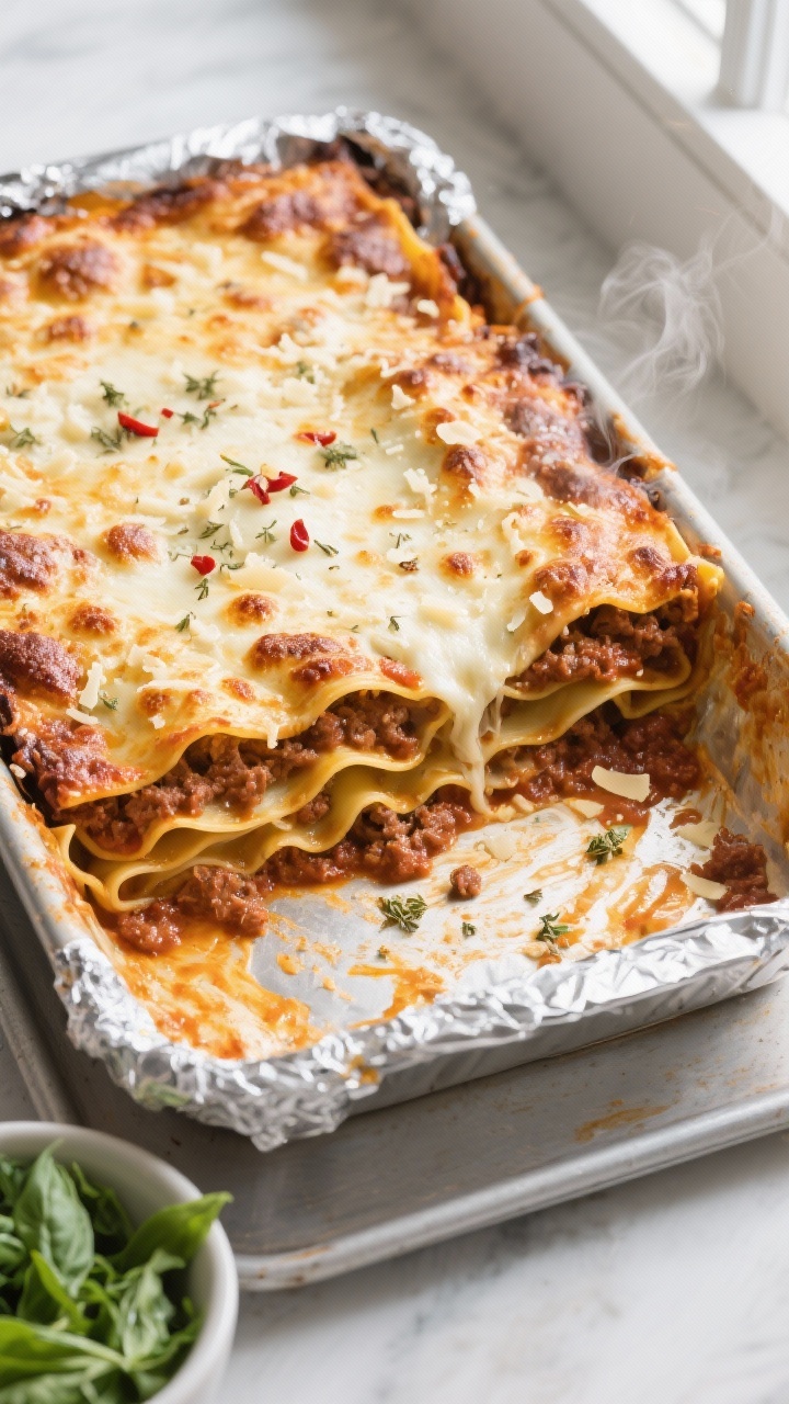 Overhead shot of a just-baked Faster Lasagna in a 9x13 pan, foil freshly removed, showing golden, bl