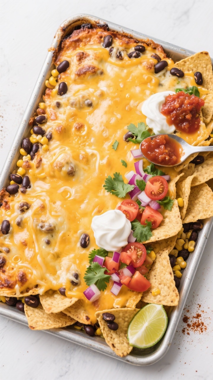 Overhead shot of a just-baked sheet-pan nacho spread on a rimmed metal pan, cheese fully melted and