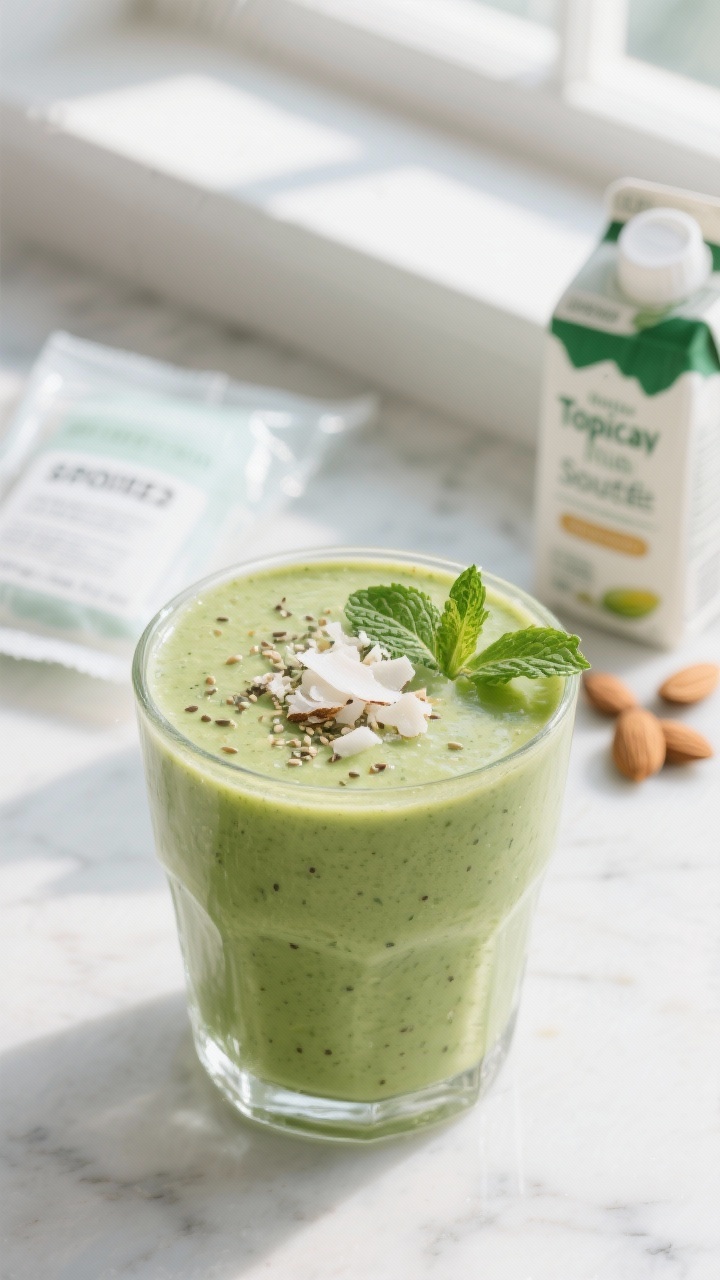 Overhead shot of a just-blended Tropical Green smoothie poured into a clear glass, thick and velvety