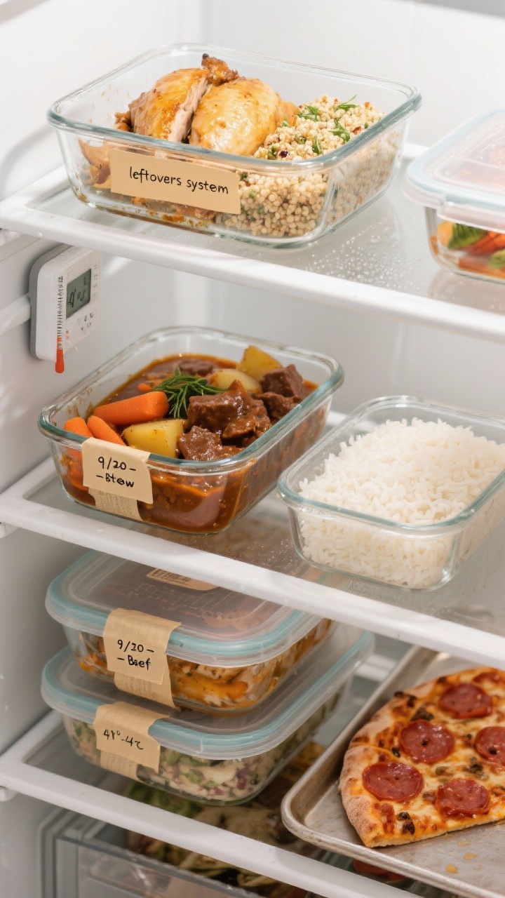 Overhead shot of a neatly organized “leftovers system” in a modern fridge: shallow, airtight gla