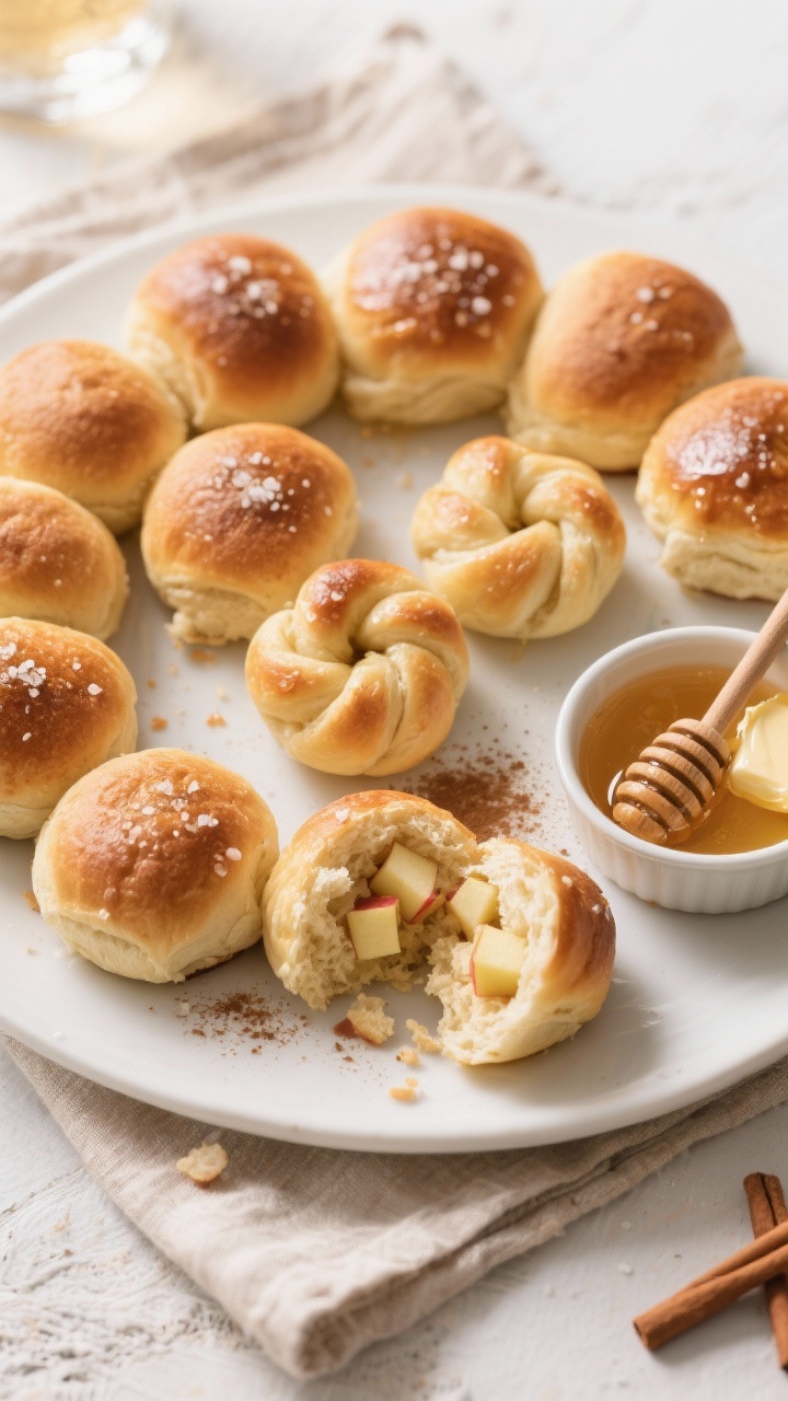 Overhead “tasty top view” of a brunch-ready platter of Apples and Honey Challah rolls: 12 pillow