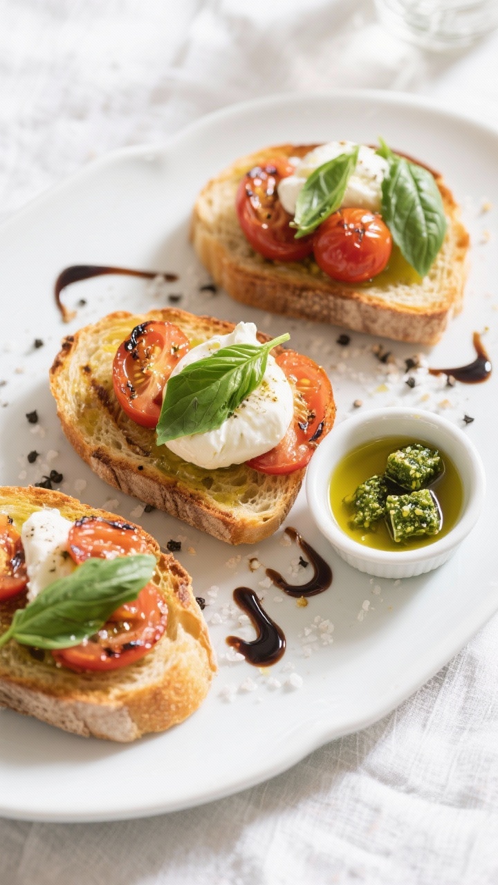 Tasty top view: Overhead shot of a caprese toast board featuring golden, olive-oil-brushed sourdough