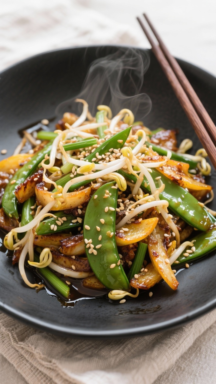 Tasty top view: Overhead shot of a vibrant stir-fry with blanched-then-seared mung bean sprouts toss